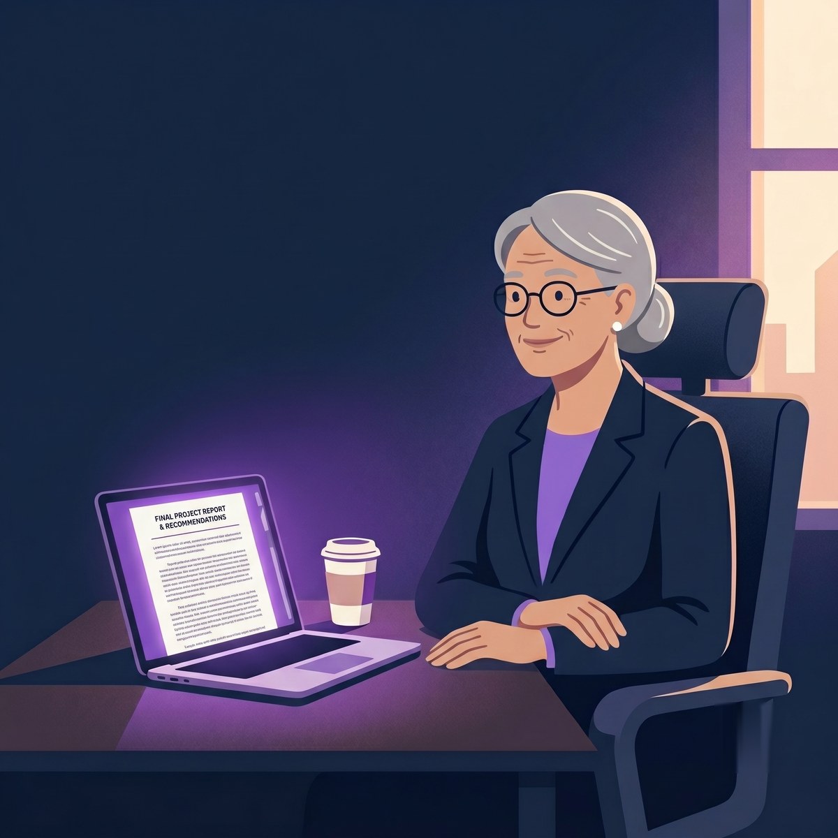 A senior lawyer at her desk reviewing a complete first draft already prepared