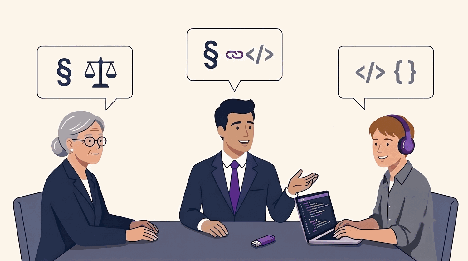 Codified Counsel seated between a law-firm partner and a software integrator, translating between legal and technical languages